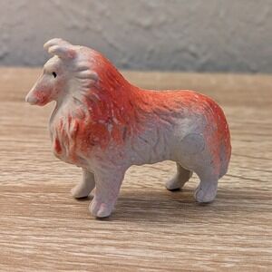 VTG Collie Dog Figurine Orange White Miniature Plastic Animal Toy Lassie 1.5"